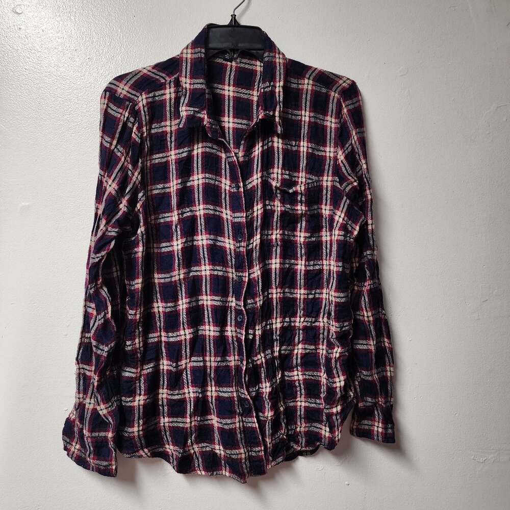 Lucky Brand navy red cream plaid flannel button up shirt XL